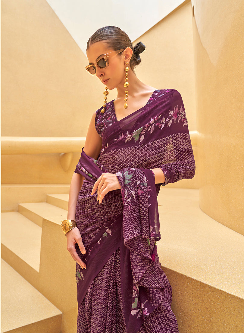Dark Purple Printed Georgette Contemporary Saree