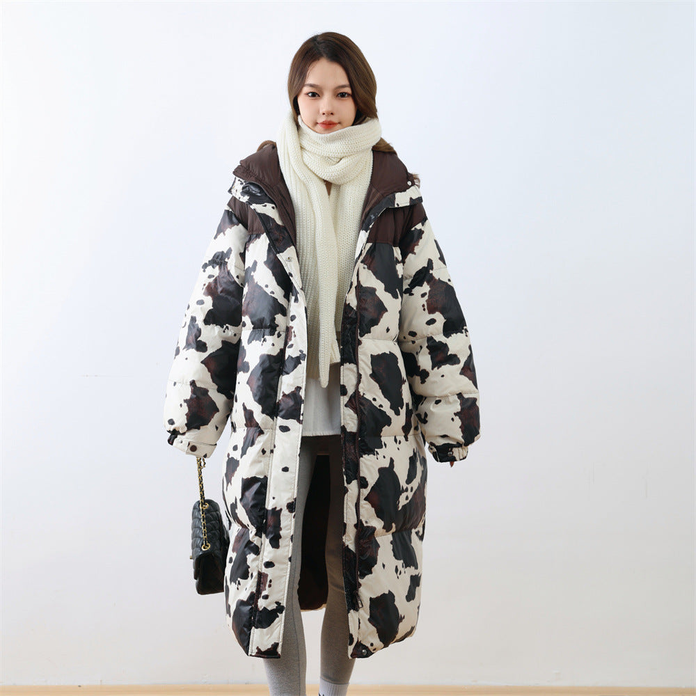 Harajuku Cow Print Long White Duck Down Puffer Coat for Women - Image 4