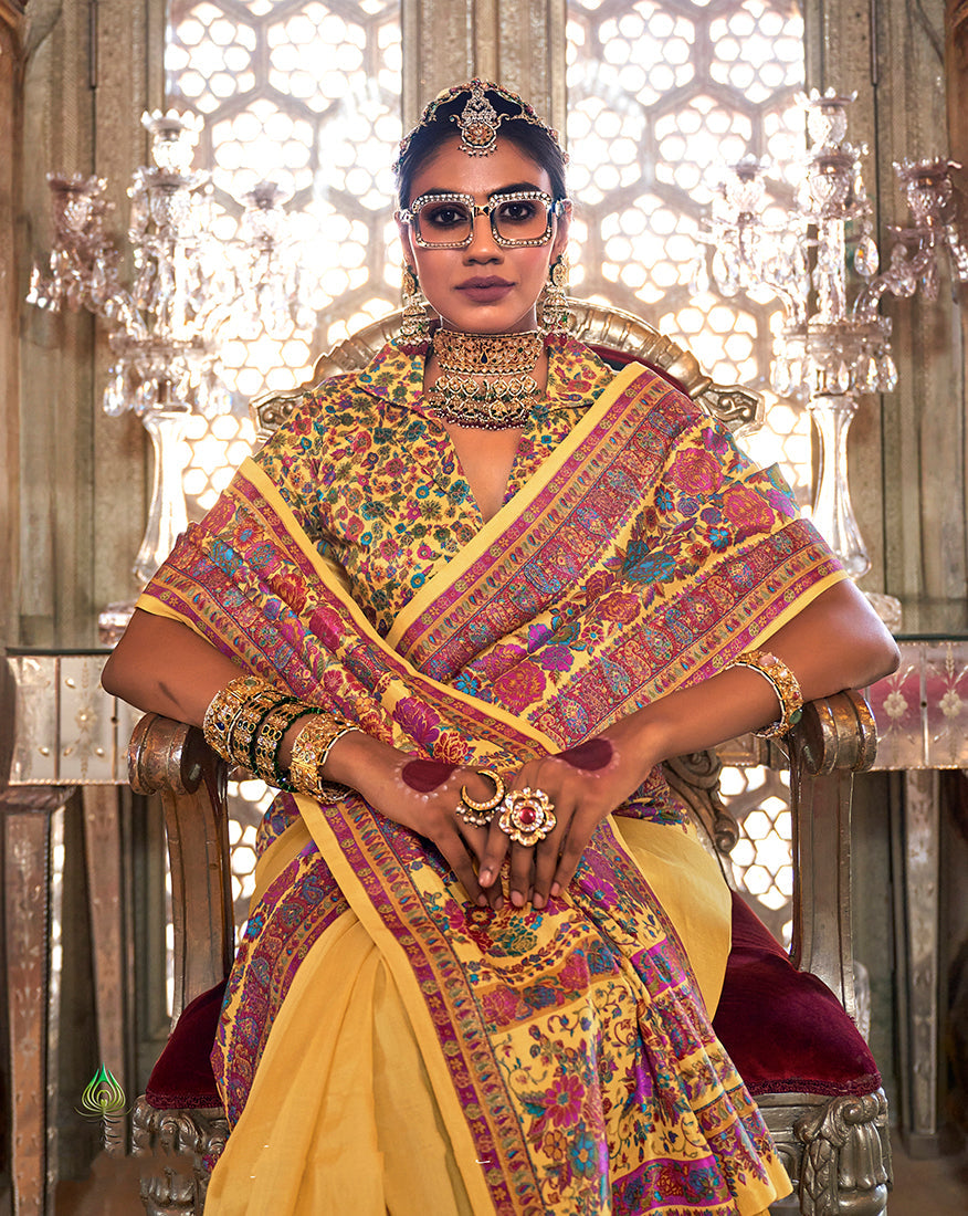 Yellow Printed Traditional Silk Saree with Blouse Piece