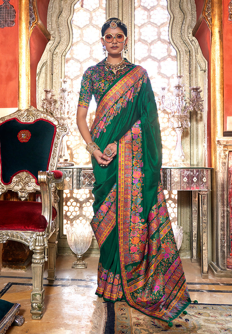Dark green silk traditional printed saree with matching blouse piece