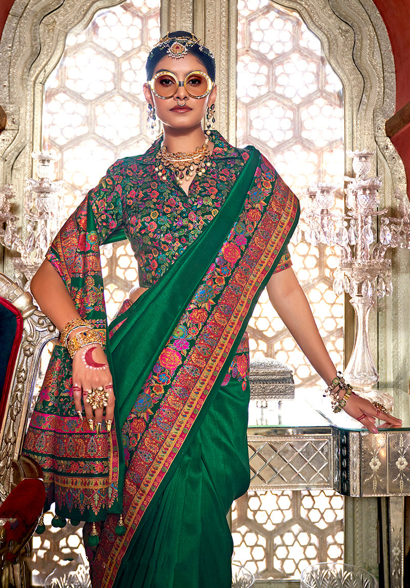 Dark Green Silk Traditional Printed Festival Saree