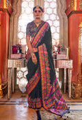Black silk printed traditional festival saree with matching blouse