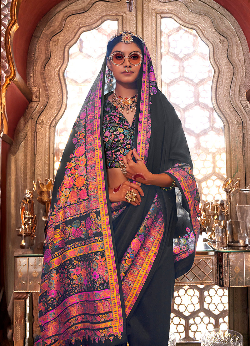 Black Silk Printed Traditional Festival Saree with Blouse