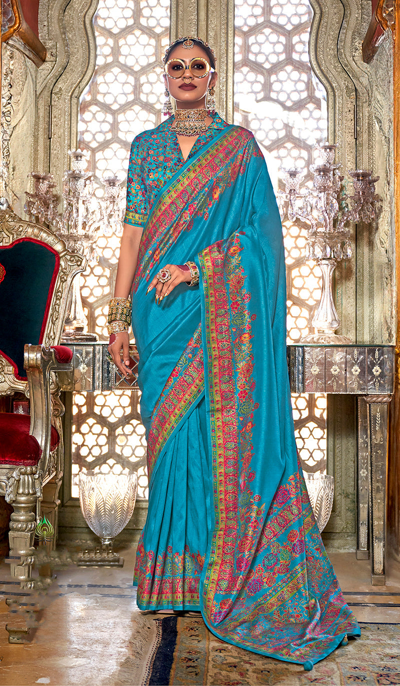 Light blue silk festival saree with traditional print work and matching blouse