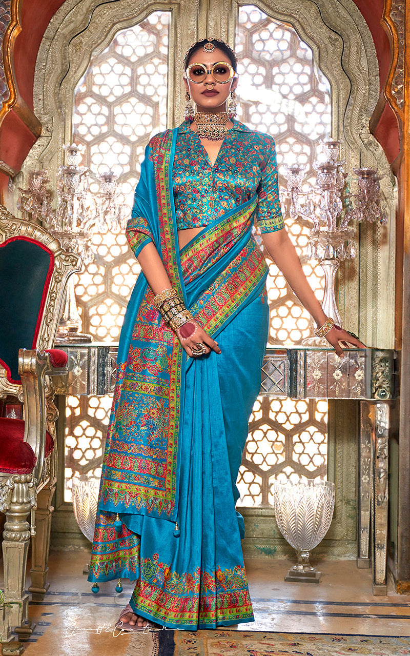 Light Blue Silk Traditional Printed Festival Saree