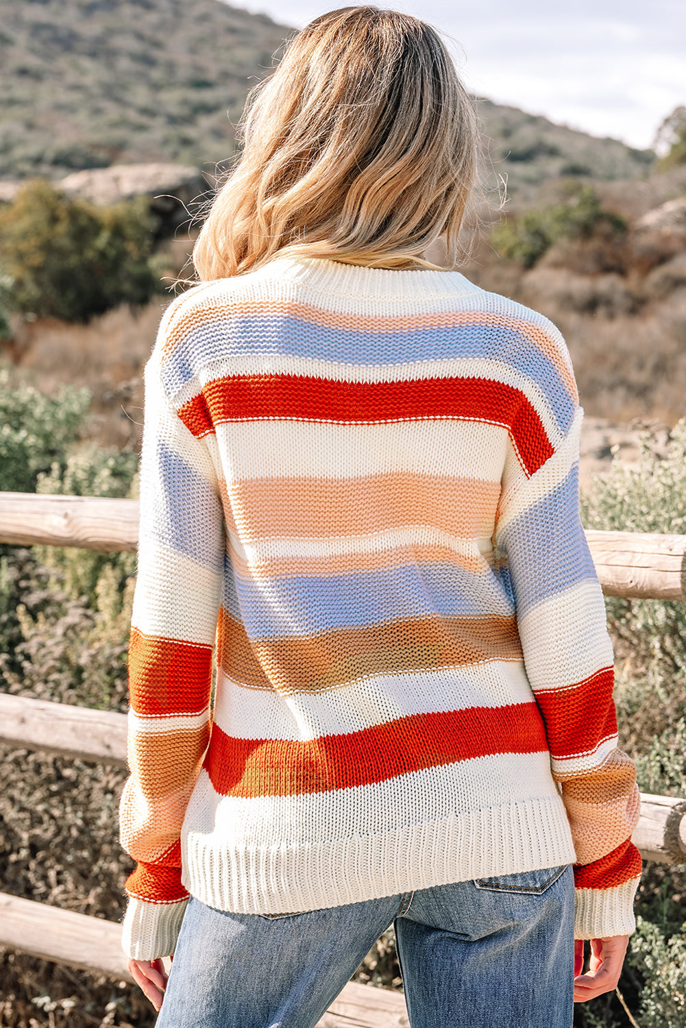 Stripe Colorblock Round Neck Drop Shoulder Sweater