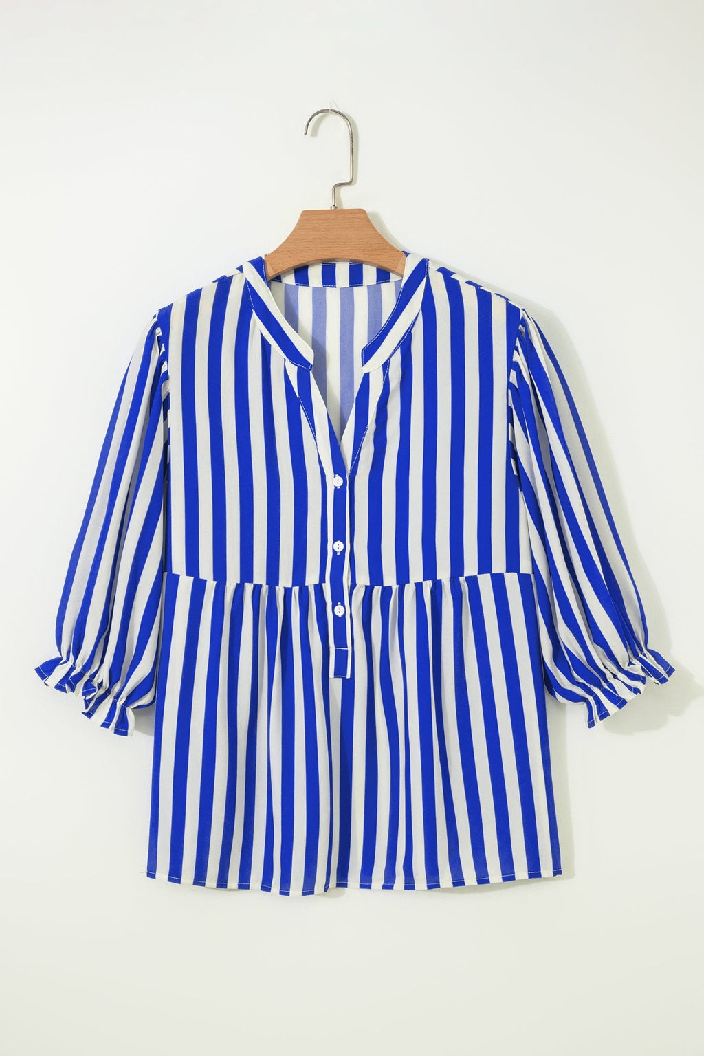 Stripe Balloon Sleeve Loose Button-Up Shirt