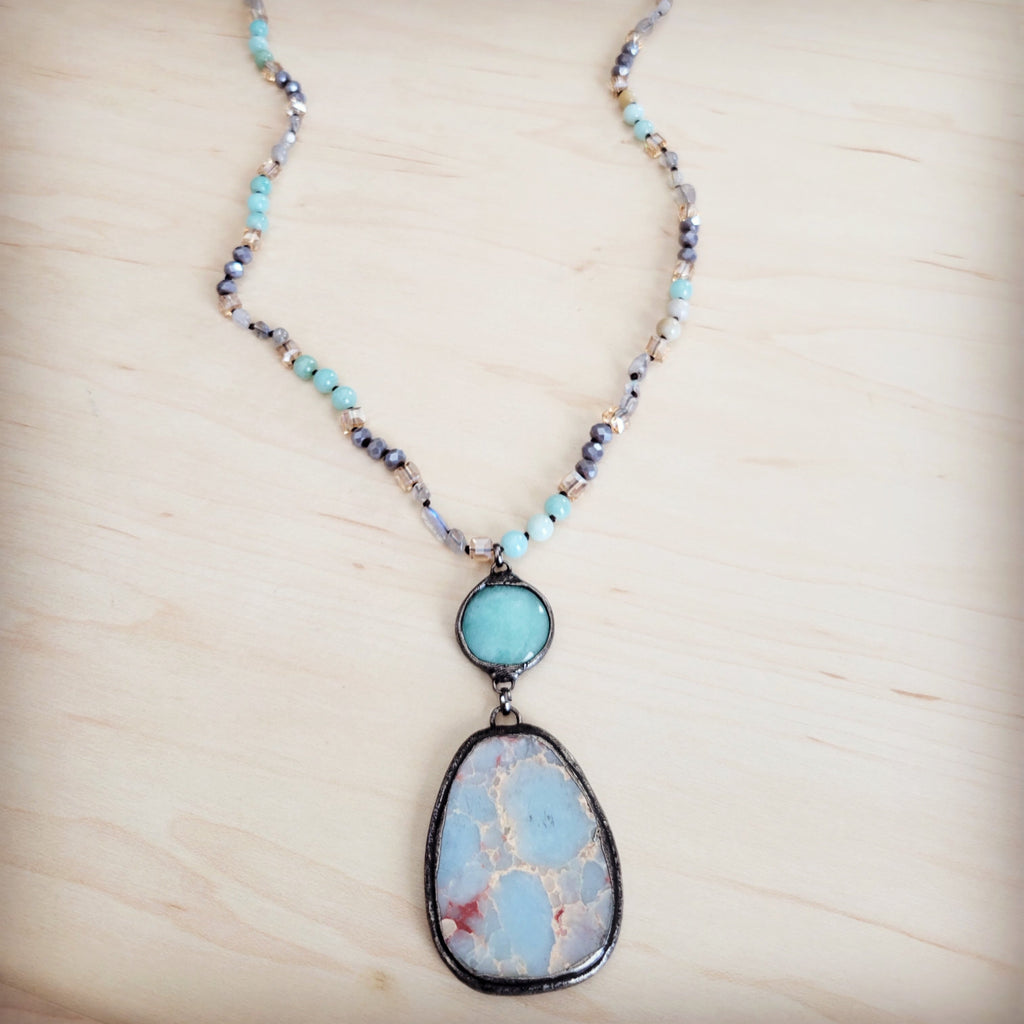 Amazonite and Crystal Beaded Necklace with Jasper Pendant