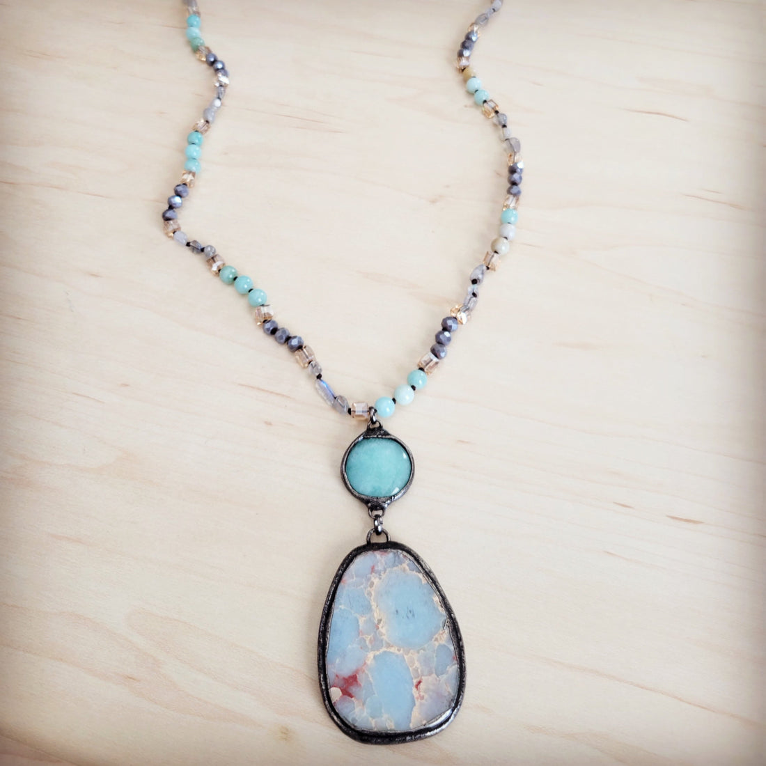 Amazonite and Crystal Beaded Necklace with Jasper Pendant