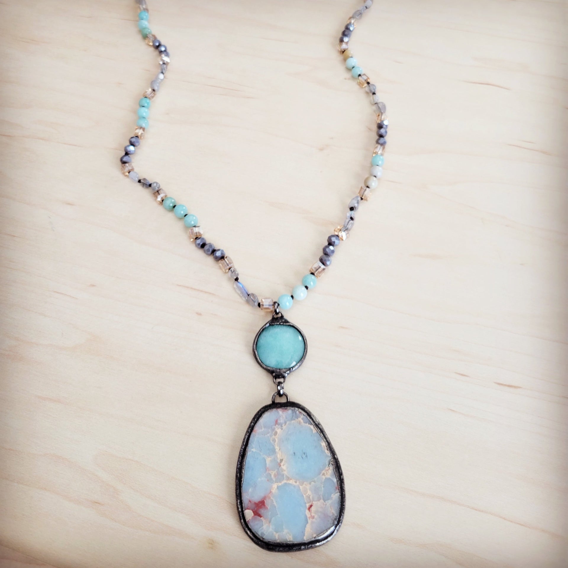 Amazonite and Crystal Beaded Necklace with Jasper Pendant