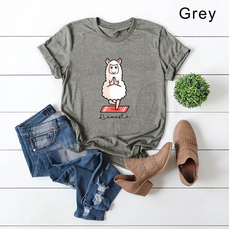 Women's Cotton Graphic T-Shirt - 'Llamaste' Sheep Print Tee - Image 6