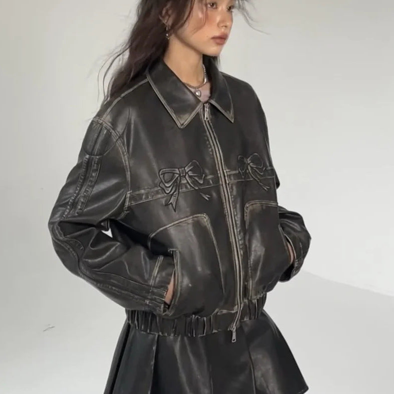 Women's Harajuku Style Bow PU Leather Motorcycle Jacket - Image 3