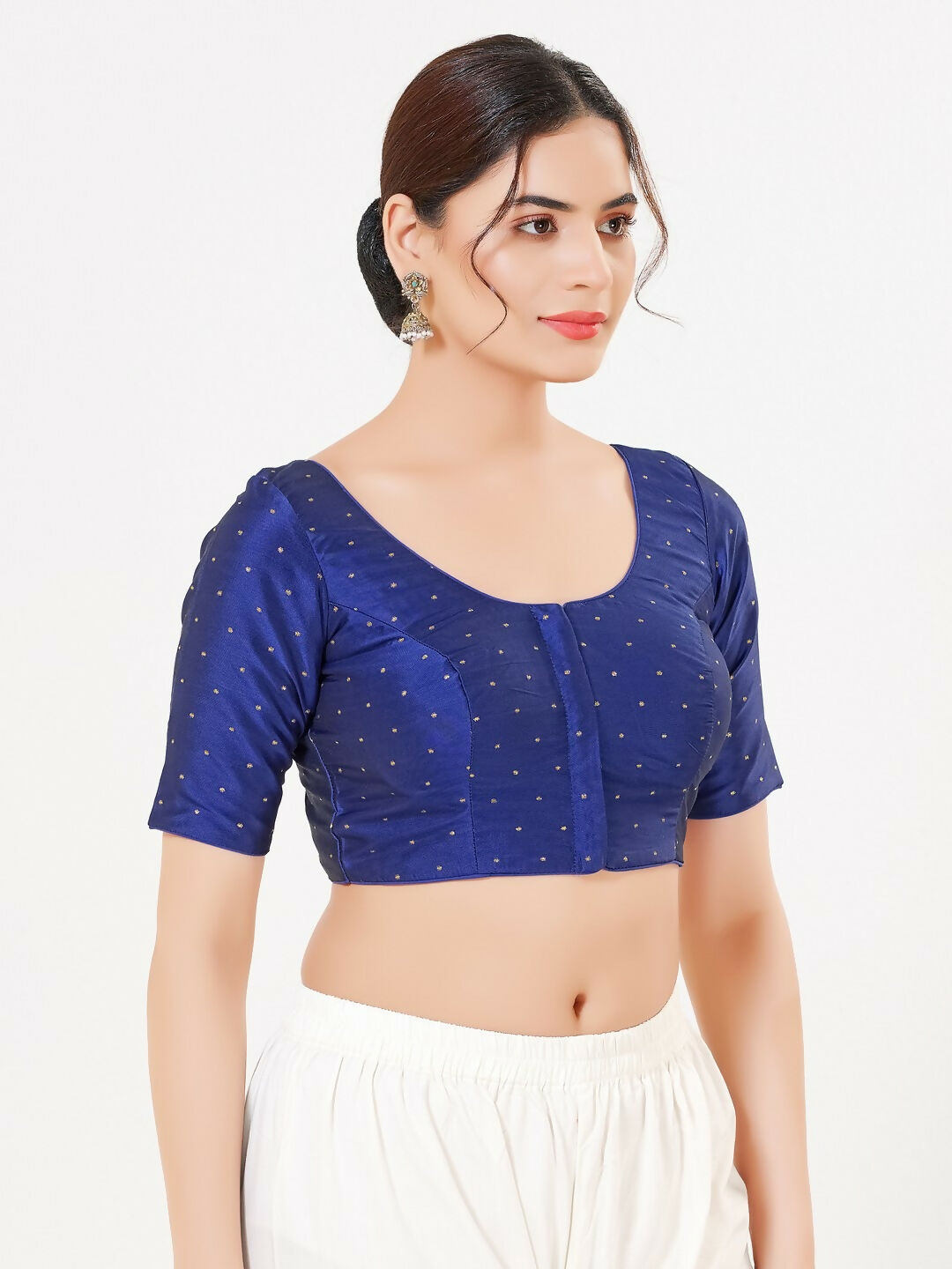 Royal-Blue Taffeta Silk Elbow Sleeveless Front Open Blouse