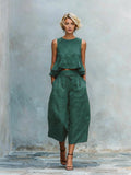 Women's Linen-Blend Sleeveless Ruffled Top and Cropped Pant Set