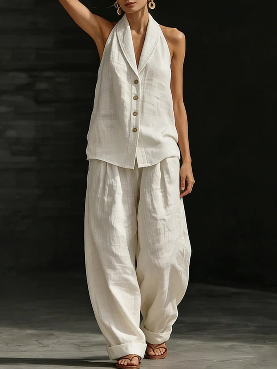 Women's Sleeveless V-Neck Vest and Wide-Leg Cotton Linen Pants Set - Image 6