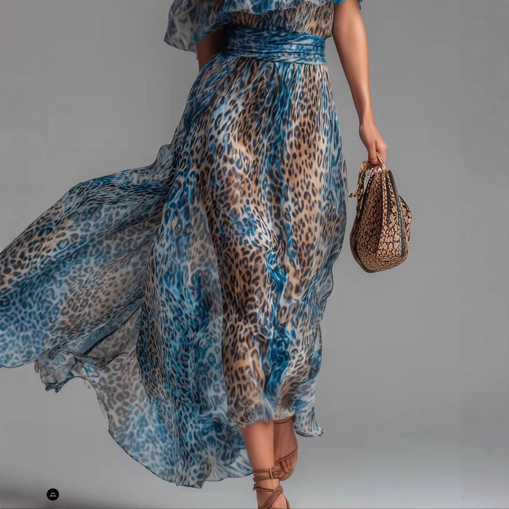 Peacock Blue Leopard Print Chiffon Off-Shoulder Maxi Dress - Image 4