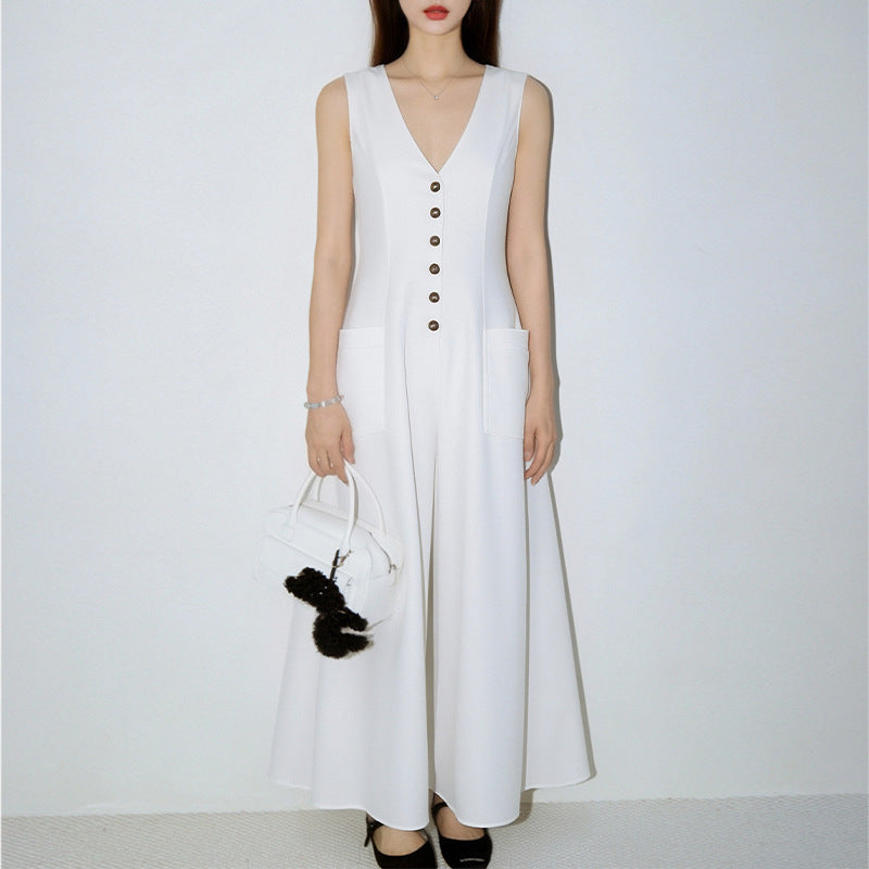 Women's V-Neck Sleeveless Button-Up Maxi Dress with Pockets - Image 2