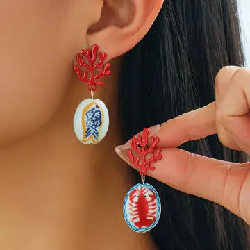 Marine-style Ceramic Shrimp And Fish Earrings Fashionable