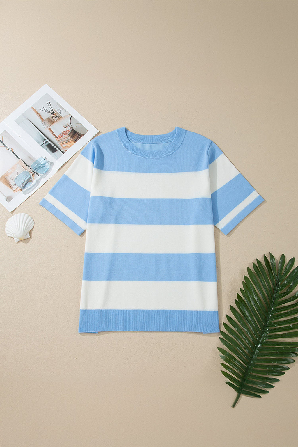 Stripe Colorblock Short Sleeve Tunic Sweater in Blue and White