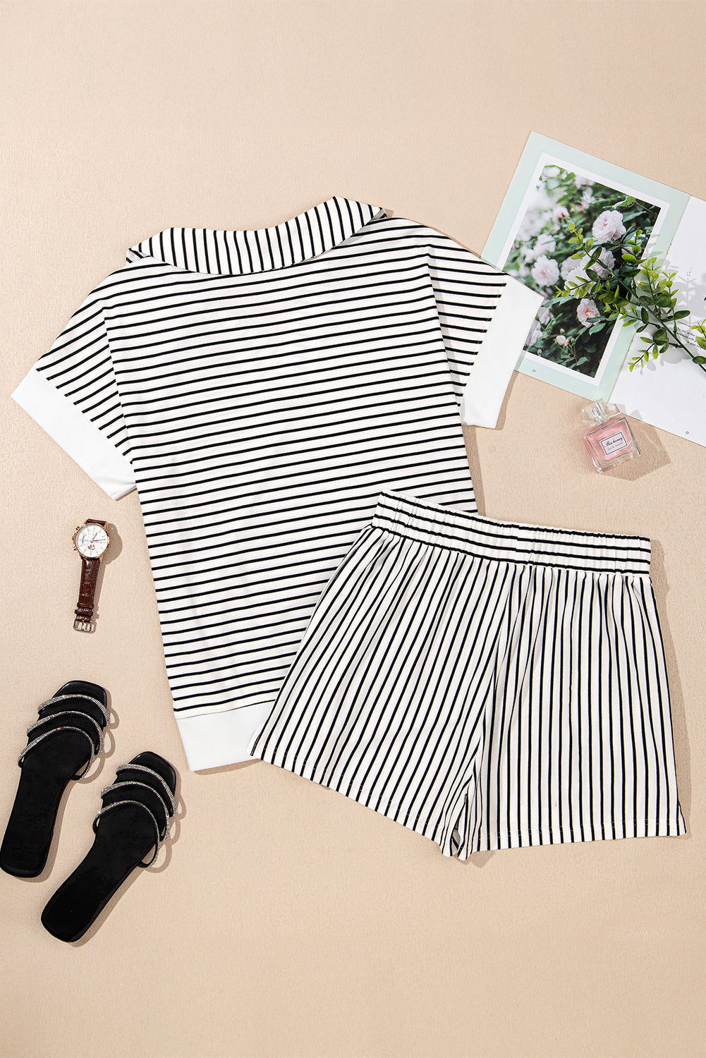 Women's Striped V-Neck Tee and High-Rise Casual Shorts Loungewear Set