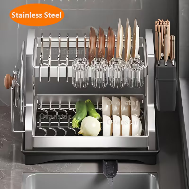 2-Tier Stainless Steel Rust-Resistant Dish Drying Rack with Drainboard