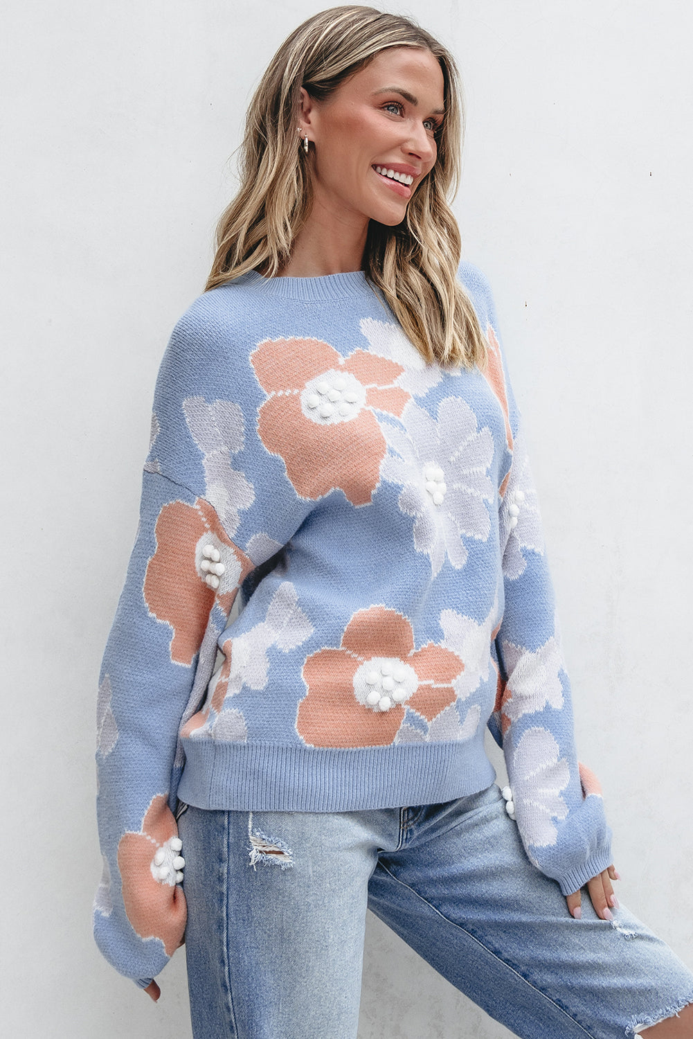 Zelda Floral Drop Shoulder Knit Sweater in Blue - Image 3
