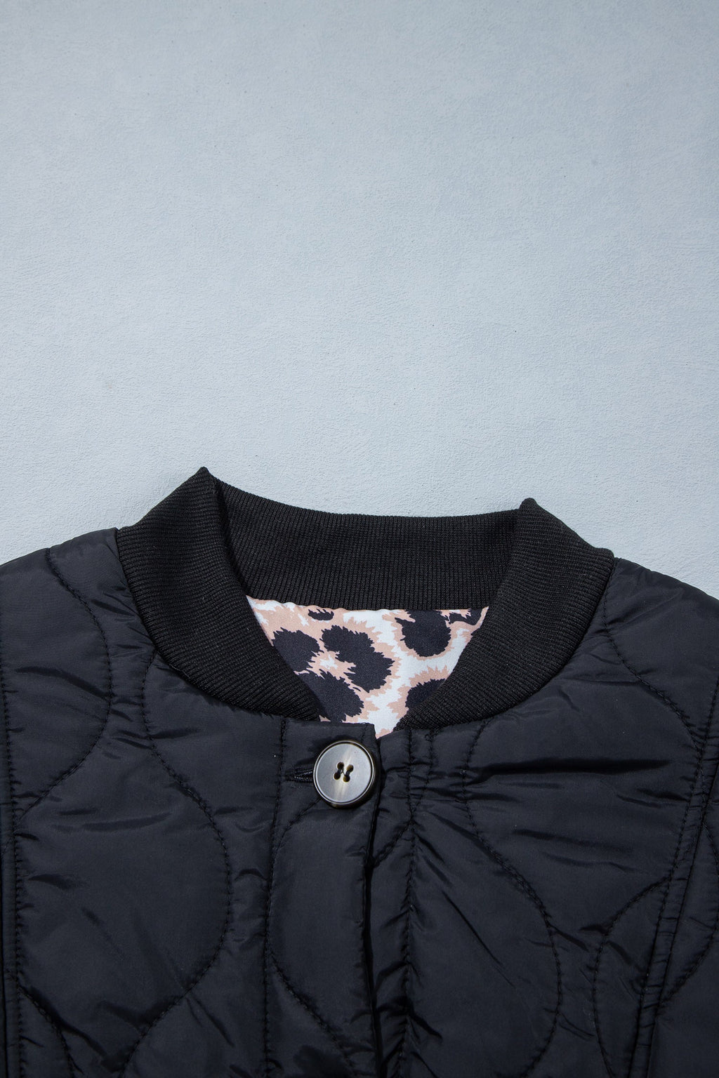 Leopard Cuff Quilted Button Down Puffer Jacket