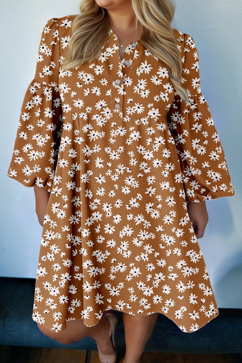 Plus Size Floral Split Neck Button Puff Sleeve Dress