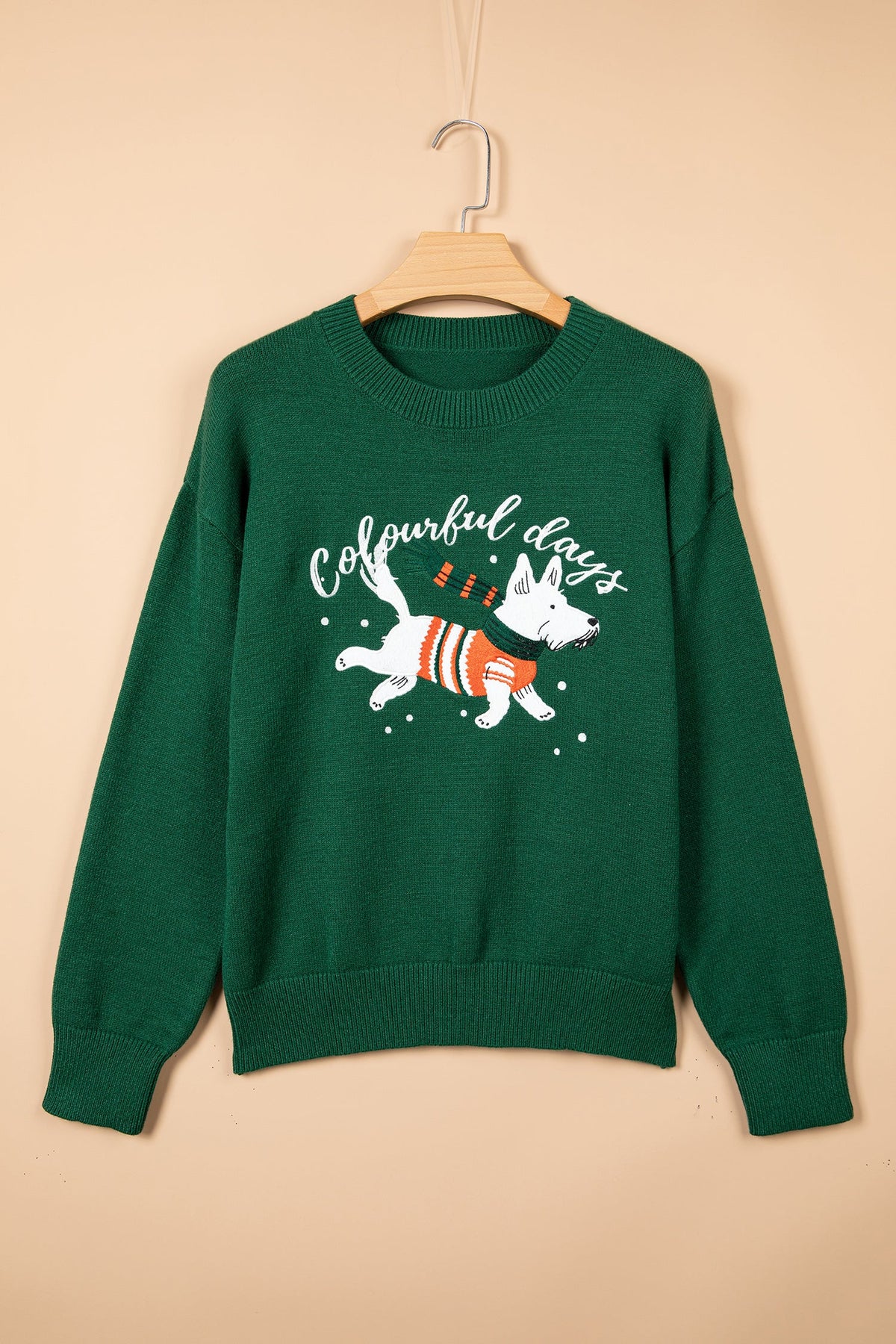 Christmas Dog Embroidered Round Neck Sweater