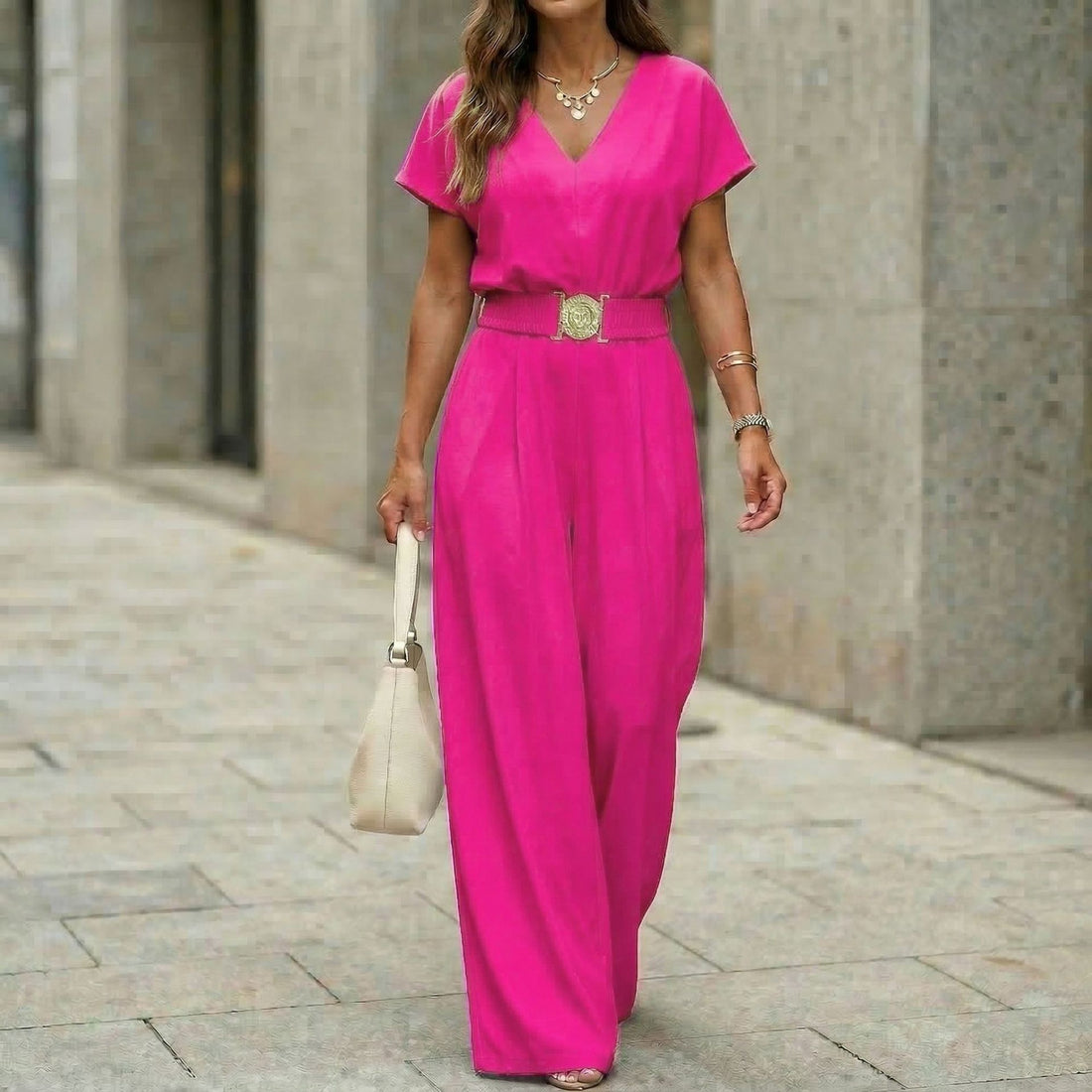 Women's V-Neck Belted Wide-Leg Jumpsuit in Navy Pink Black - Image 6