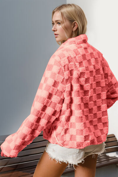 Checkered Long Sleeve Fuzzy Jacket for Women
