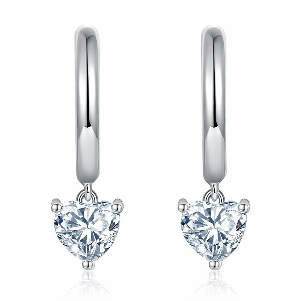 Heart-shaped Moissanite hoop earrings in sterling silver with platinum plating in a gift box