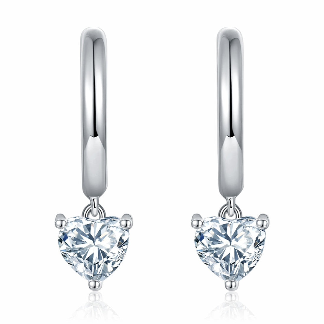 Heart-shaped Moissanite hoop earrings in sterling silver with platinum plating in a gift box