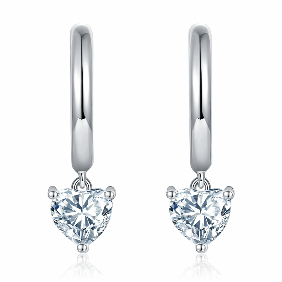 Heart-shaped Moissanite hoop earrings in sterling silver with platinum plating in a gift box