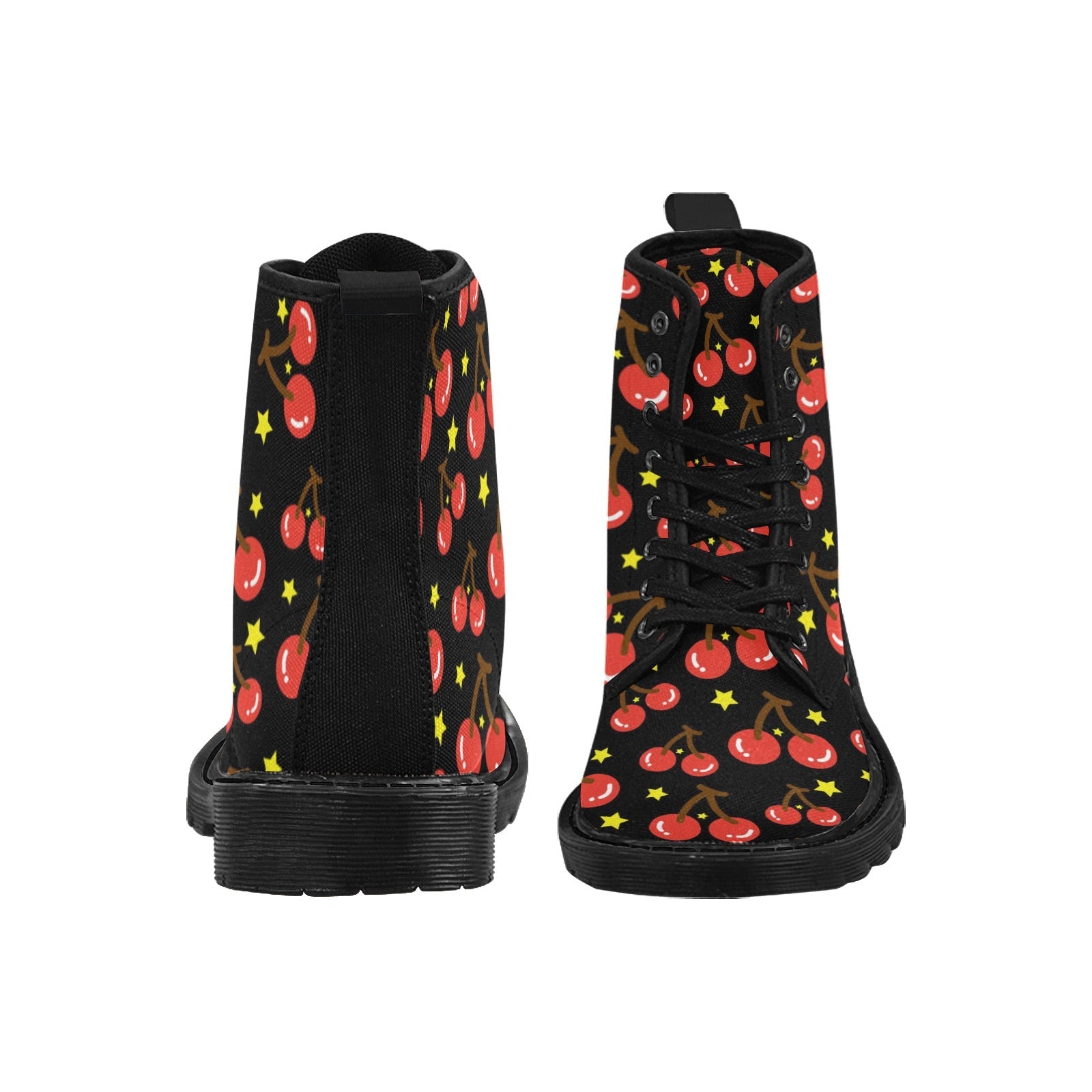 Women's Cherry & Star Print Black Canvas Lace-Up Combat Boots - Image 2