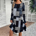 Women's Round Neck Long Sleeve Patchwork Print Casual Dress - Image 9