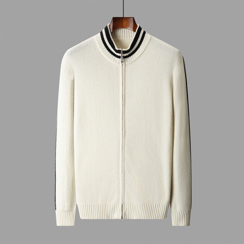 Men's half-high collar slim-fitting striped sweater in white and black.