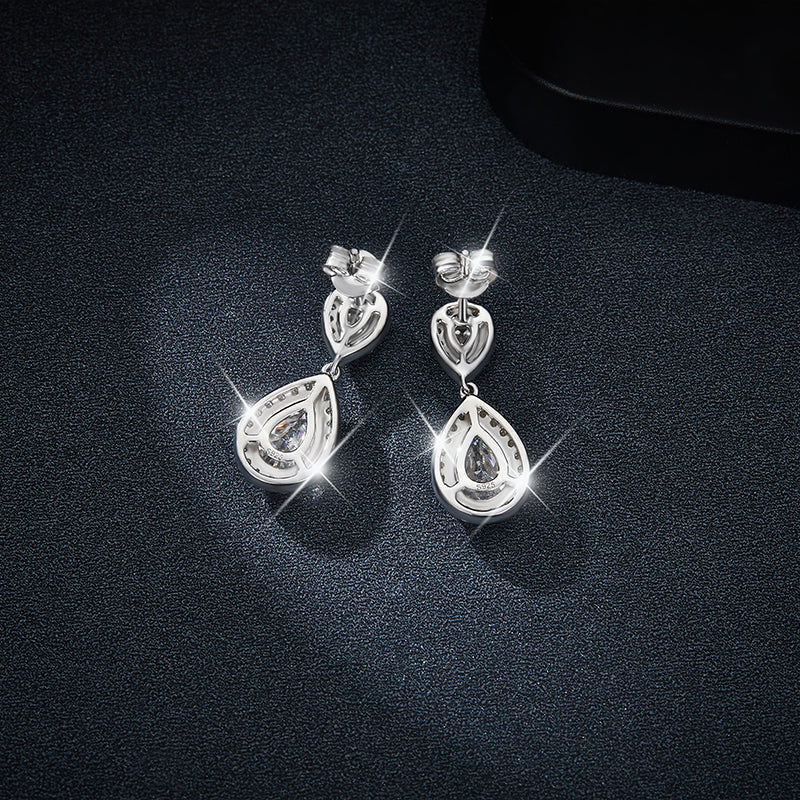 Pear Cut Moissanite Halo Drop Earrings with Hollowed Detail