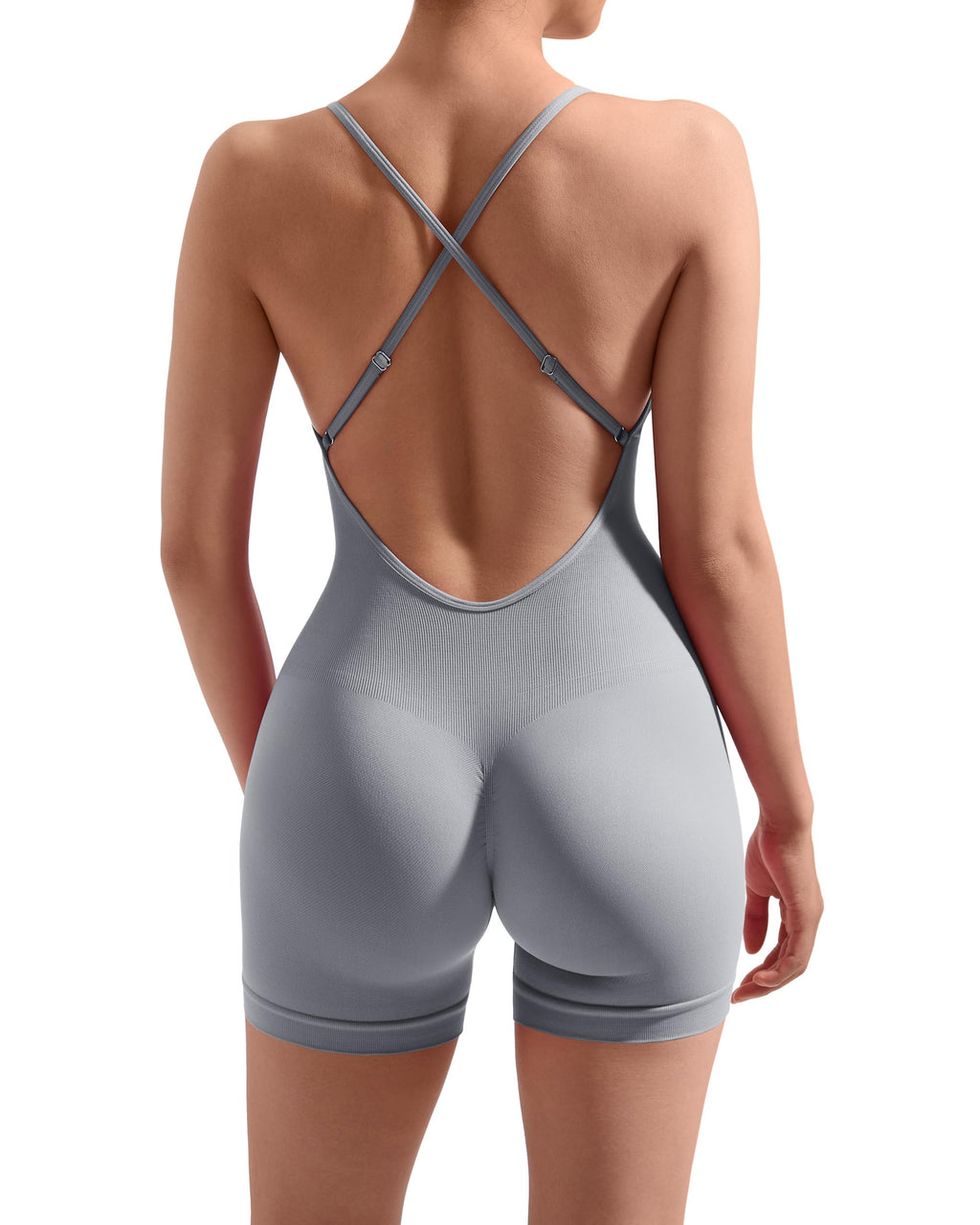 MOOSLOVER Women Strappy Backless Jumpsuits Tummy Control Bodycon Yoga Romper One Piece Workout Jumpsuit Shorts(XL#1 Grey)