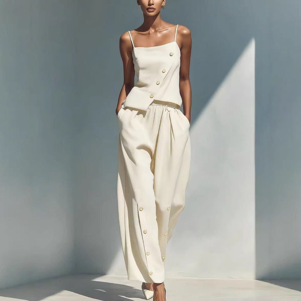 Women's Asymmetrical Button Camisole and Wide Leg Pant Set - Image 2