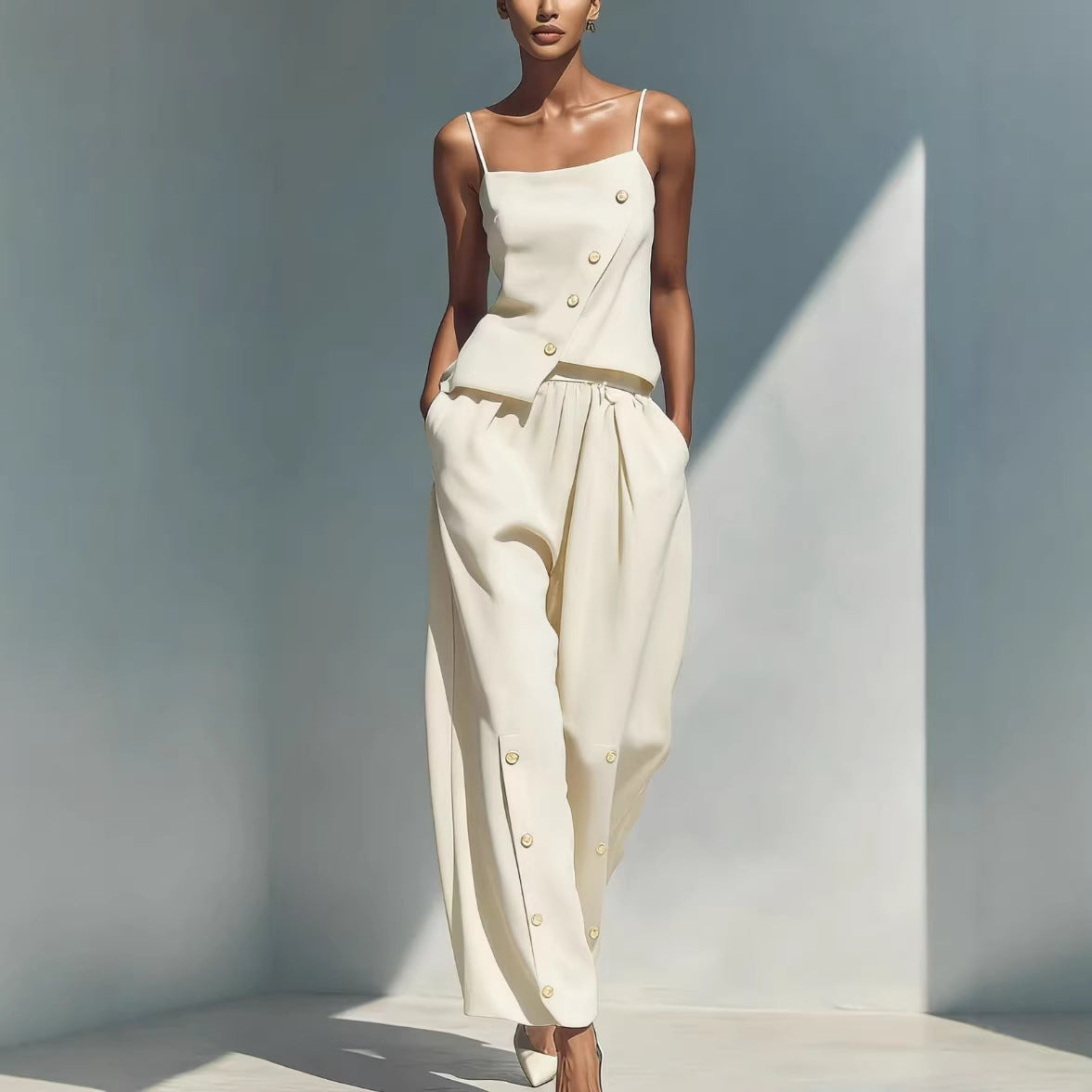 Women's Asymmetrical Button Camisole and Wide Leg Pant Set - Image 2