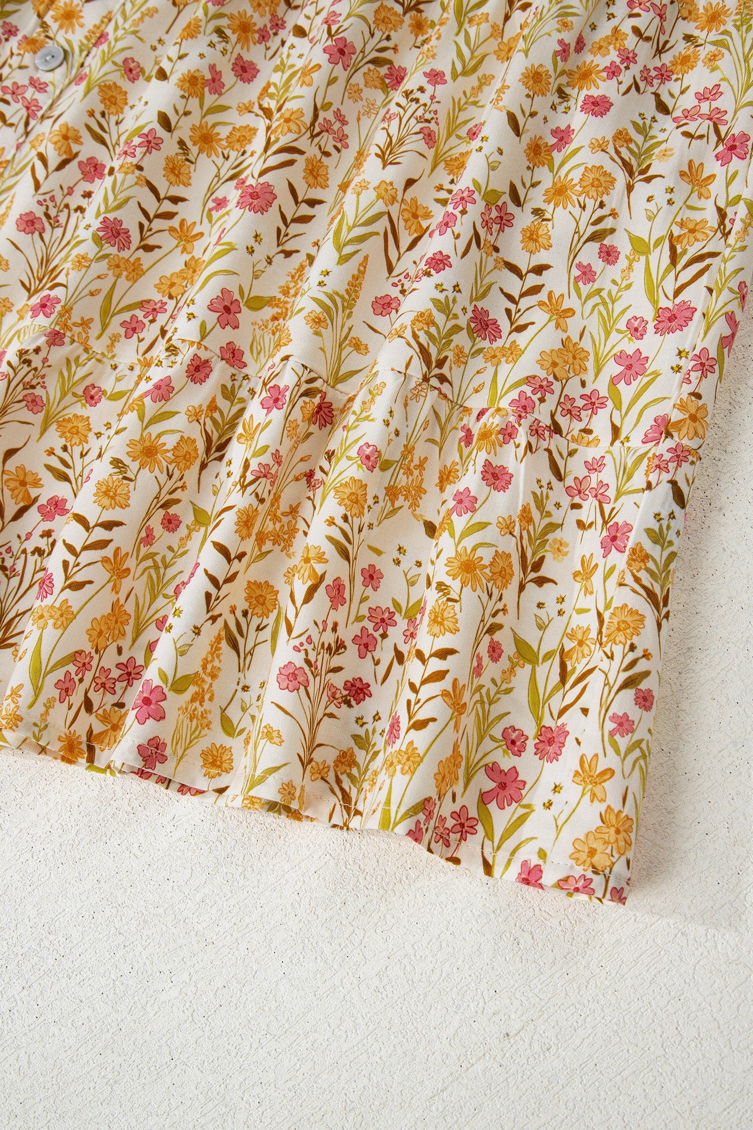 Yellow Floral Print Frilly Trim Smocked Cuff Long Sleeve Shirt Dress