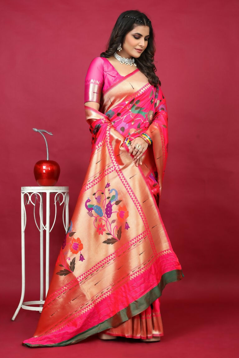 Pink Paithani Silk Zari Woven Saree with Matching Blouse