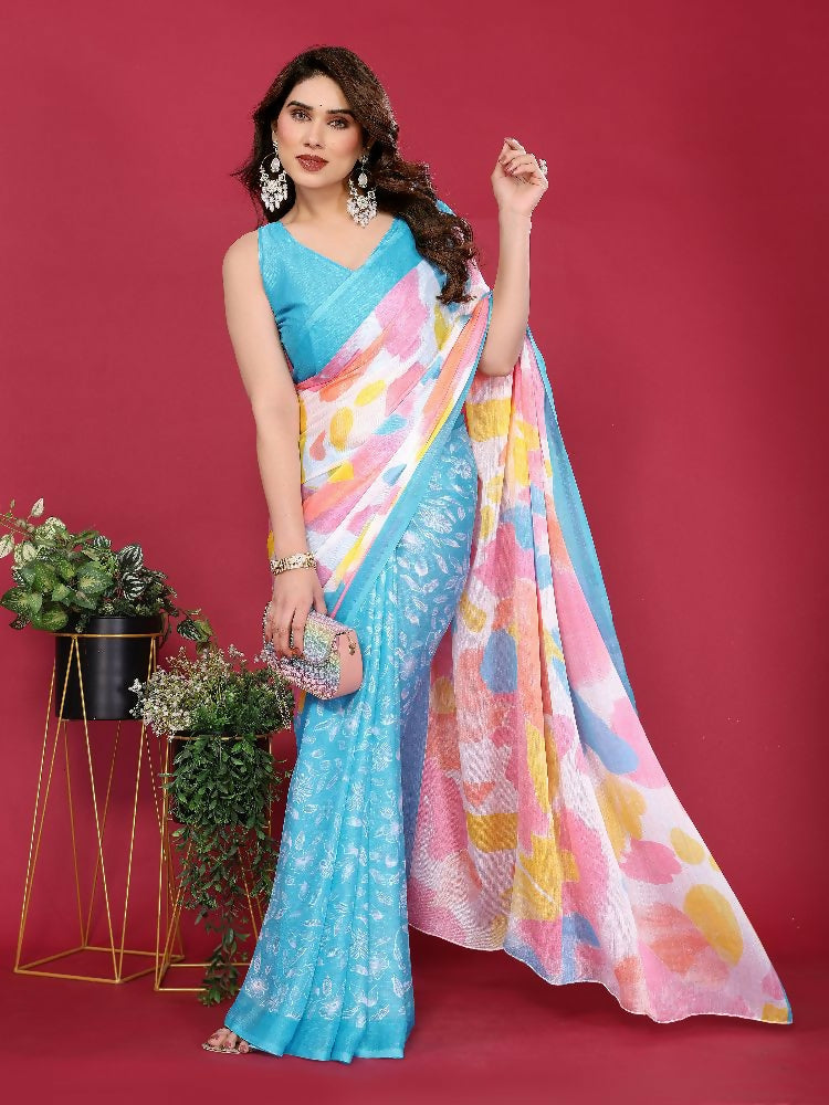 Sky Moss Chiffon Printed Saree with Matching Blouse