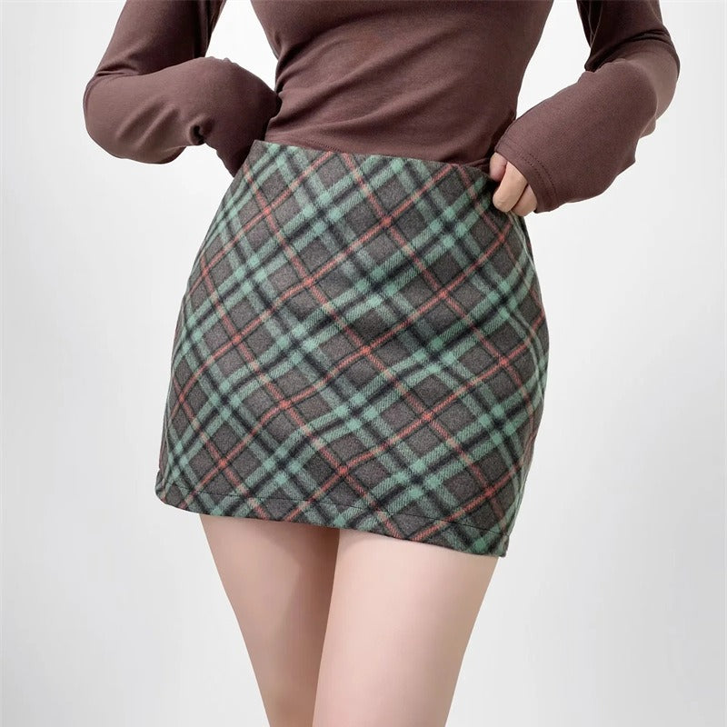 High Waisted Plaid Woolen Mini Pencil Skirt for Women - Image 8