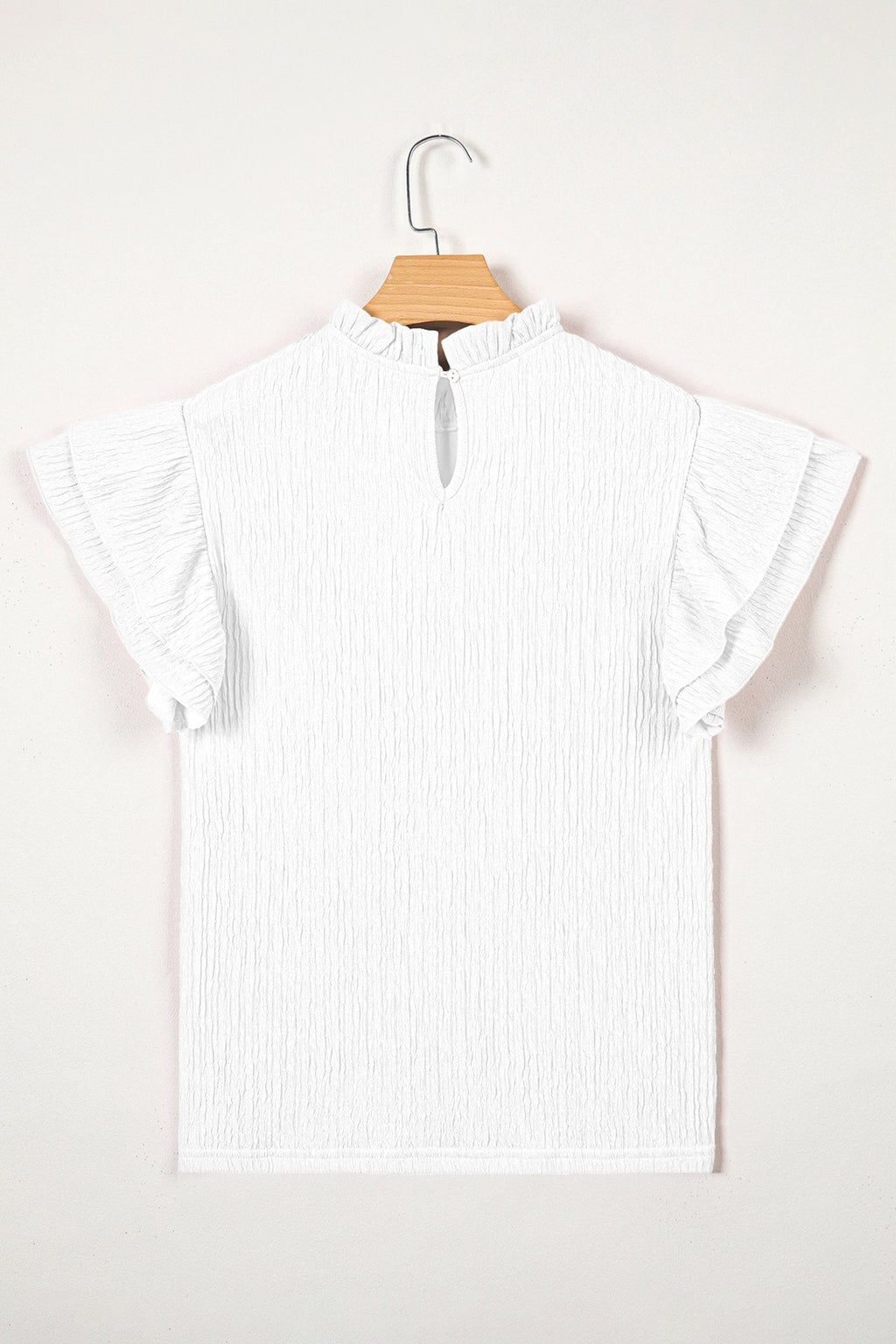Solid Textured Ruffle Trim Short Sleeve Blouse - Feminine Top