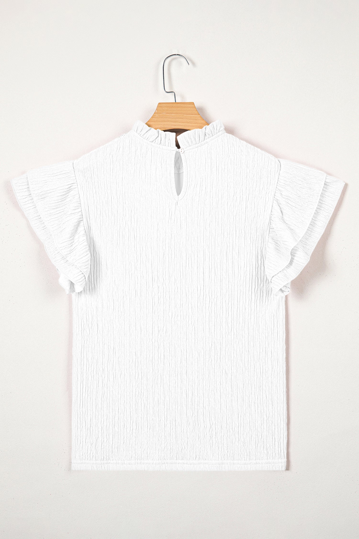 Solid Textured Ruffle Trim Short Sleeve Blouse - Feminine Top