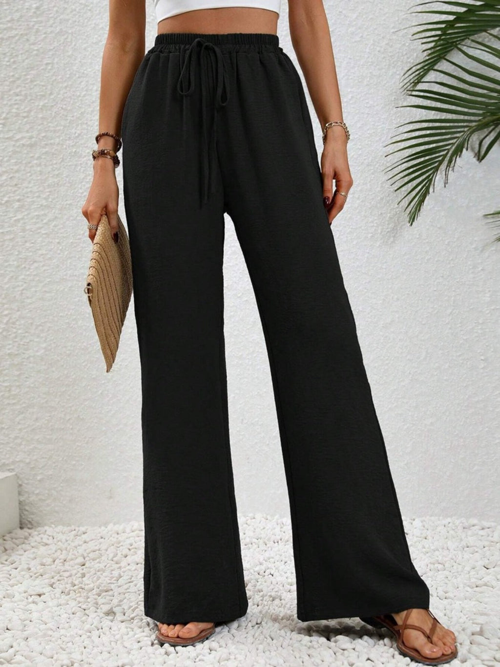 Women Wide Leg Drawstring Pants Lightweight Comfortable Trousers - Image 4