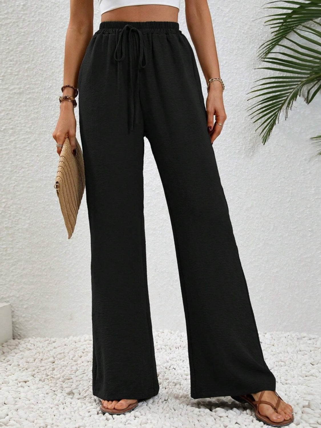 Women Wide Leg Drawstring Pants Lightweight Comfortable Trousers - Image 4