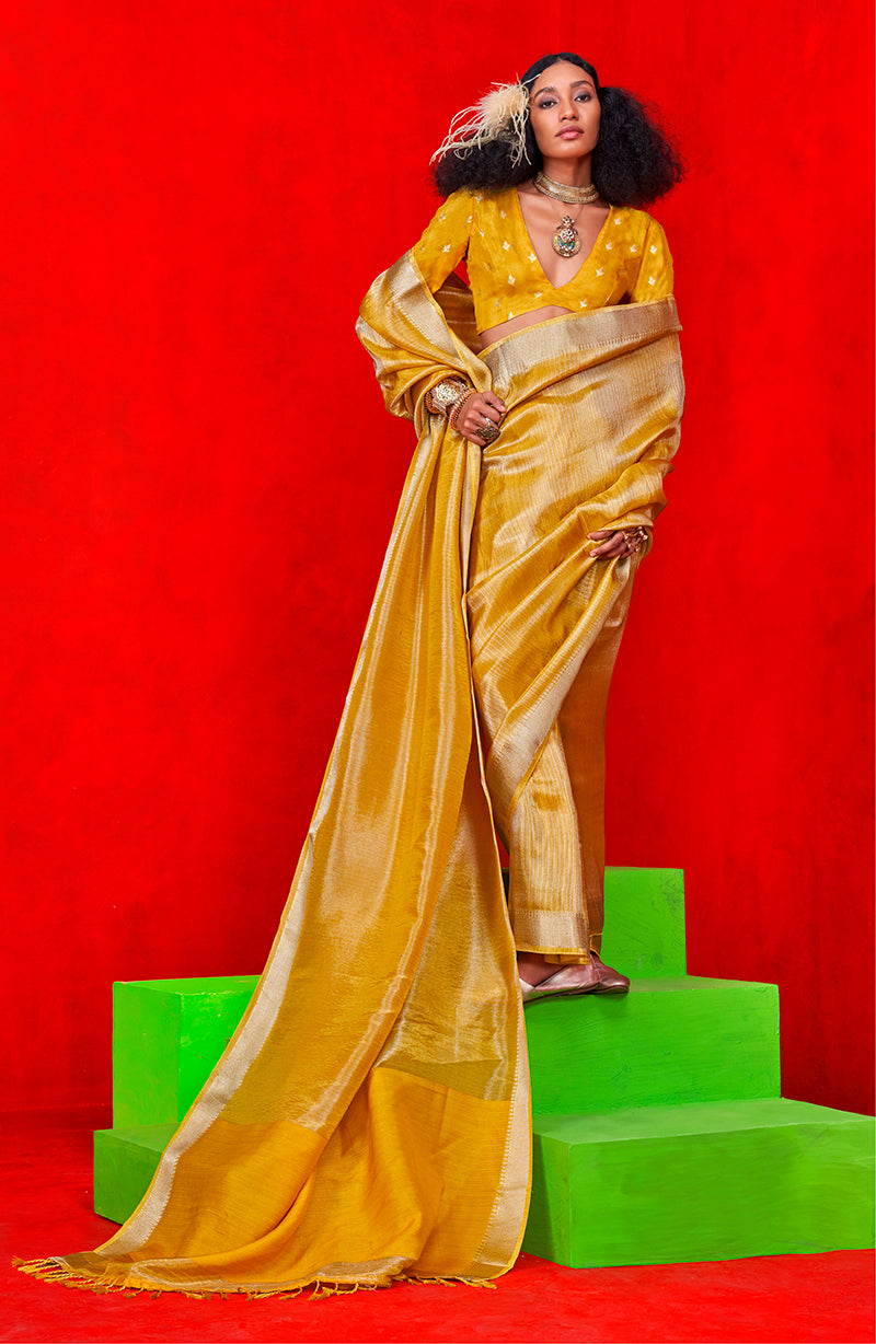 Mustard Tissue Zari Saree with Intricate Ethnic Weaving